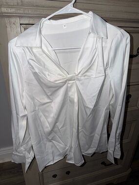 White Twist-Front Long-Sleeve Blouse